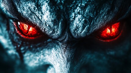 Supernatural close-up of a demon with intense glowing red eyes and sharp horns, evoking a mythical horror creature