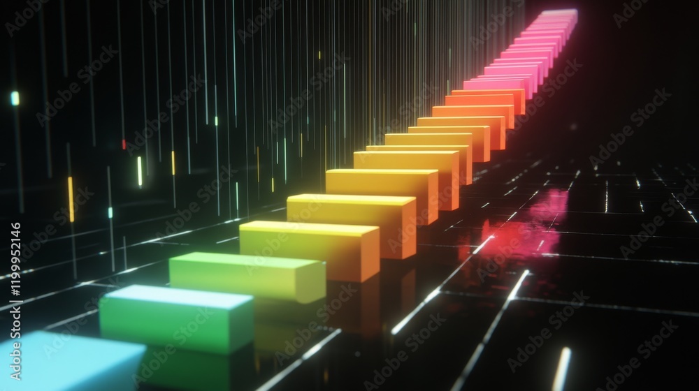 Poster a futuristic d bar graph with colorful, glowing bars rising on a digital screen, showcasing financia