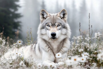 Obraz premium A wolf resting in a meadow surrounded by wildflowers, with its ears perked up and alert