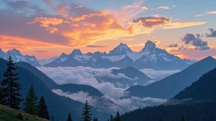 Obraz premium Sun-kissed mountains emerge from misty clouds under a vibrant sky of blues and oranges, creating an ethereal landscape that captivates the senses