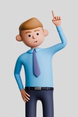 3D render of a cartoon businessman in blue shirt and tie, pointing his finger up, right there pose isolated on white background.