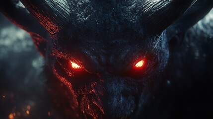 Close-up of a horned demon with glowing red eyes, intense and fiery expression for a mythical creature theme