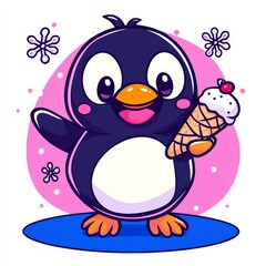 Fototapeta premium A cheerful cartoon penguin holding an ice cream cone, surrounded by pink accents and snowflakes, exuding a fun, playful vibe.