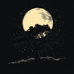 Naklejka premium Majestic Oak Tree Silhouetted Against a Bright Full Moon and Starry Night Sky