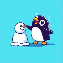 Fototapeta premium A cute penguin happily interacts with a smiling snowman against a bright blue background, showcasing a playful winter scene.