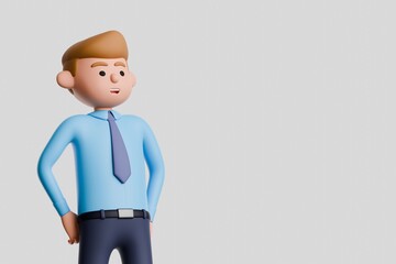 3D render of cartoon businessman in blue shirt and tie, confidently standing with hands on hips, looking to the side, isolated on white background.