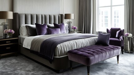 Fototapeta premium A luxurious master bedroom with a large bed, high-end textures like velvet and satin, accented by metallic details and a stunning floor lamp in a cozy, elegant space