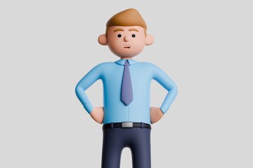 3D render illustration of cartoon Caucasian male in formal blue shirt and tie, standing confidently with hands on hips. Success concept illustration isolated on white background.