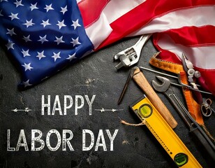 Happy Labor day concept. American flag with different construction tools on dark stone