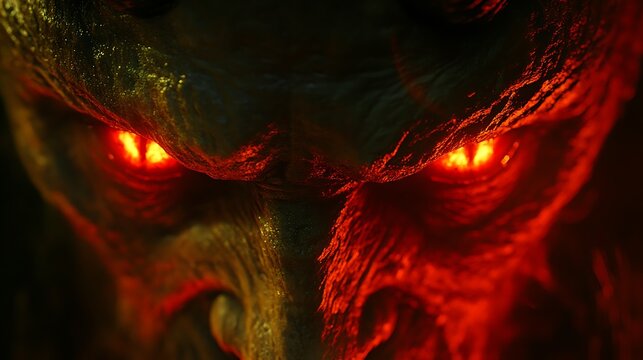 Supernatural close-up of a horned demon with intense glowing red eyes, set in a dark fantasy and mythical creature theme