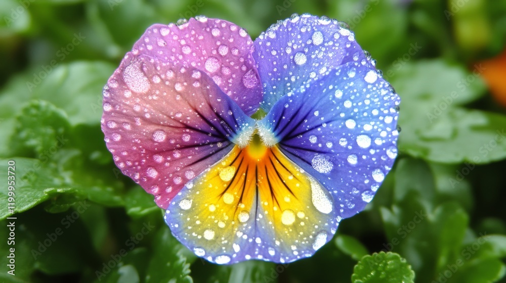 Poster a macro shot of a colorful flower with sparkling water droplets on its petals, set against a blurred