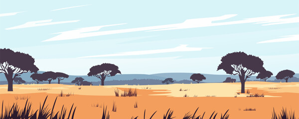 African savannah landscape. Beautiful African savannah with trees and bushes. A day in Africa. Savannah and safari. Travel and safari.