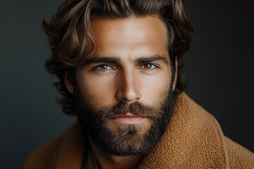 Fototapeta premium Man with long hair and beard stares intensely into the distance. Grains of sand cling to his weathered face, under a blazing desert sun.