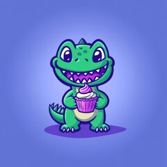 Obraz premium A cute cartoon dinosaur holds a cupcake, smiling against a soft blue background.