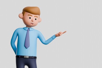 3D render of cartoon businessman in formal blue shirt and tie, pointing to the side and making presenting gesture, isolated on white background.