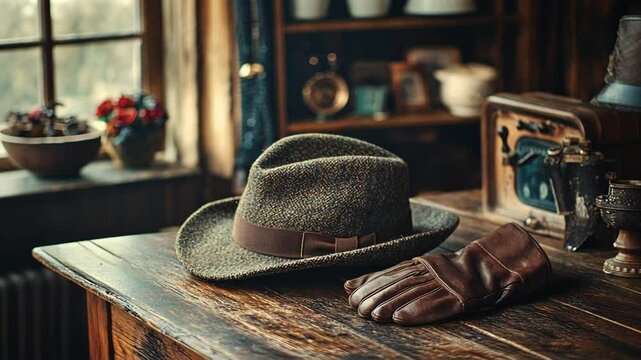 Vintage Fedora Hat and Leather Gloves on Rustic Wooden Table