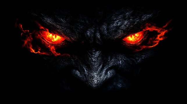 Fiery and intense demonic face with sharp horns and glowing red eyes, capturing supernatural horror and mythical creature vibes