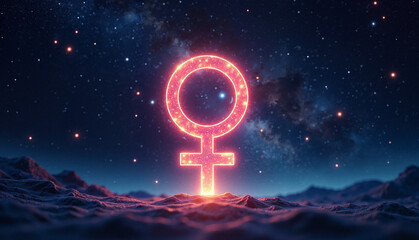 Glowing Venus symbol against a starry night background, female symbol,