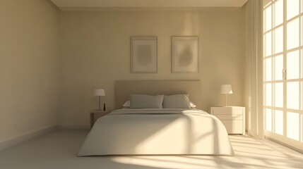A minimalist room with a simple bed, neutral gray bedding, and a small nightstand with a single lamp, creating a calm and spacious environment