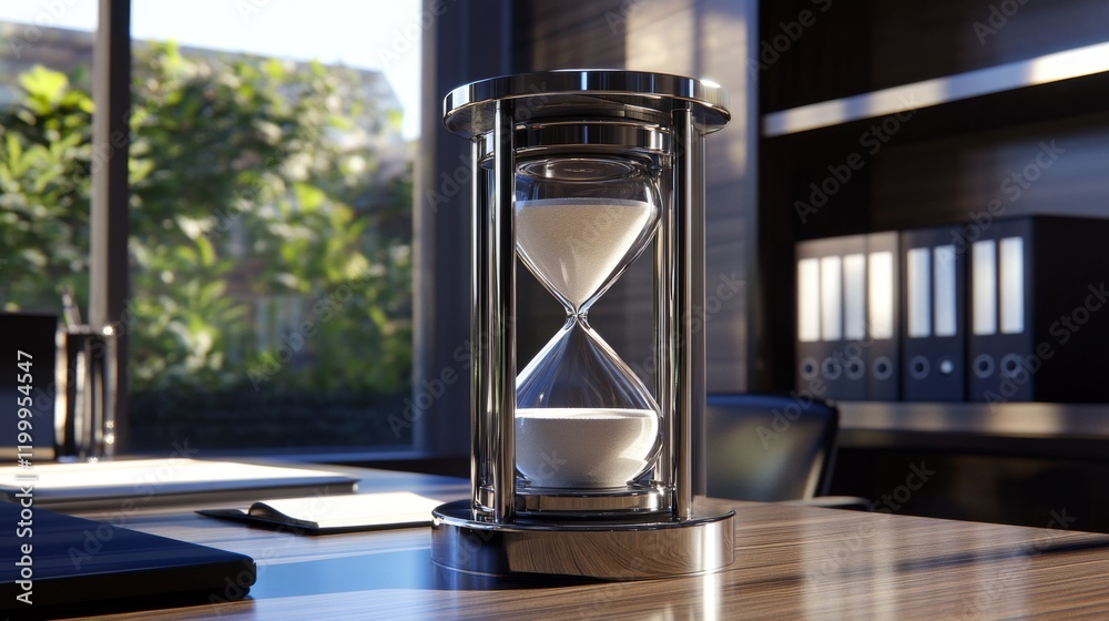 Poster A modern hourglass with a metallic frame, sitting on a minimalist desk with soft sunlight filtering through a window, capturing the essence of time and precision