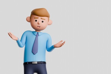3D render of cartoon businessman in blue shirt and tie, shrugging his shoulders and raising his hands, isolated on white background. I have no idea illustration concept.