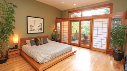 A peaceful Japanese-inspired bedroom with sliding shoji doors, a wooden platform bed, and warm, earthy tones creating a tranquil atmosphere