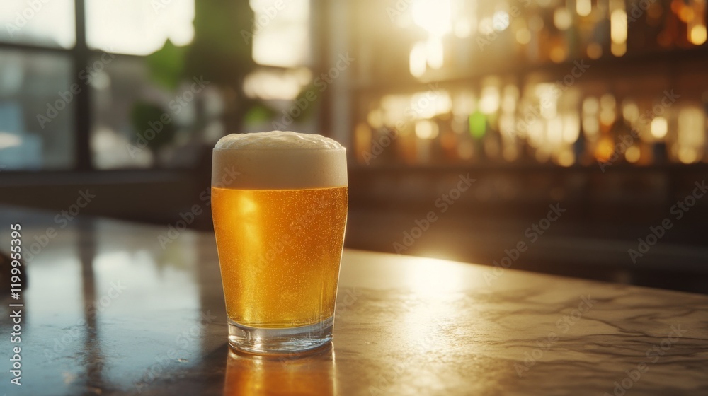 Poster a pint glass of golden beer with a foamy top, sitting on a marble bar counter with sunlight streamin
