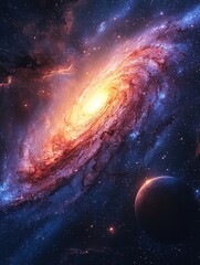 A breathtaking spiral galaxy with vibrant hues of orange and purple. A nearby planet adds depth. Perfect for space-themed projects or backgrounds.
