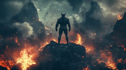 A dark devil figure standing on a rocky platform in the middle of a blazing hellscape with fire and smoke rising around it