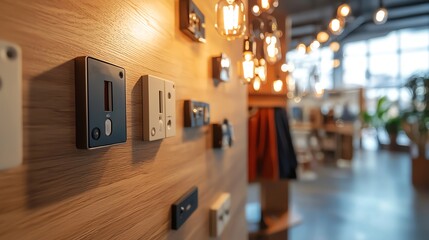 A close-up of modern light switches showcasing various designs on a wooden wall in a stylish interior space.