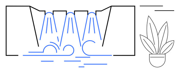 Water cascades flowing in minimalistic style beside a potted plant. Ideal for sustainability, nature, serenity, minimalism, relaxation, decor, wellness themes. Abstract line flat metaphor © robu_s