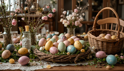 Easter family dinner. A table set for the Easter celebration with eggs, a basket of goodies, and flowers in a vase.