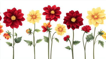 A vector illustration of delicate dahlia flowers in a range of colors, arranged in an elegant repeating pattern, with copy space. Crisp, clean lighting.White background.