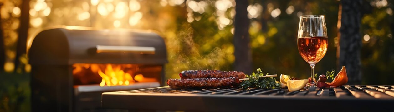 A beautiful outdoor barbecue scene featuring grilled meat, fresh veggies, and a glass of wine, bathed in warm sunset light.