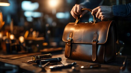 A close-up of a craftsman working with a brown leather bag in a well-lit workshop environment.