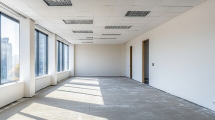 Empty office space with large windows, bright sunlight casting shadows, and bare walls