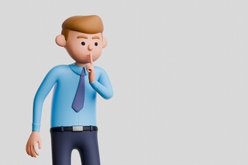 3D render of cartoon businessman in blue shirt and tie, making a quiet silence gesture isolated on white background.