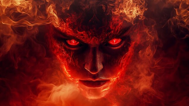 A devil with glowing red eyes and a menacing stance surrounded by the burning depths of hell with molten lava and smoke