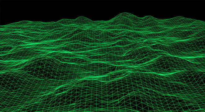 3D rendered abstract grid neon topography. Green mesh terrain