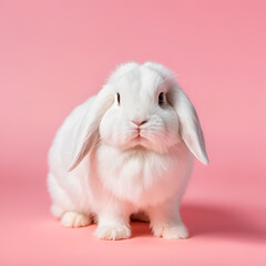 A white rabbit with floppy ears on a pink background
