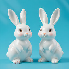 Fototapeta premium Two ceramic figurines of white rabbits on a blue background