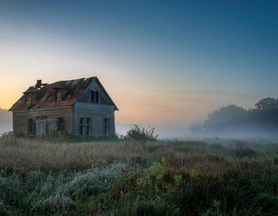 A dilapidated farmhouse stands alone in a misty field at sunrise.
