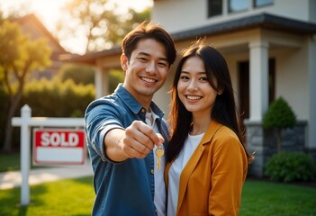 Happy Young Asian Couple Celebrating New Home Purchase with Key and 'Sold' Sign in Front Yard