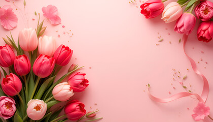 Fototapeta premium A beautiful bouquet of tulips against a pink background. There is an empty space for you to add your own message or thoughts.