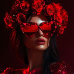 Obraz premium portrait of a woman with red heart. valentine's day style lady, valentine day fashion. Woman in red glasses with festive background decor. 
