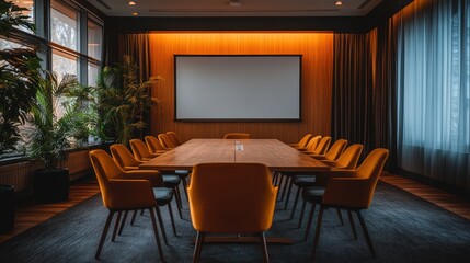 A futuristic, high-tech conference room featuring a blank projector screen mounted on the wall