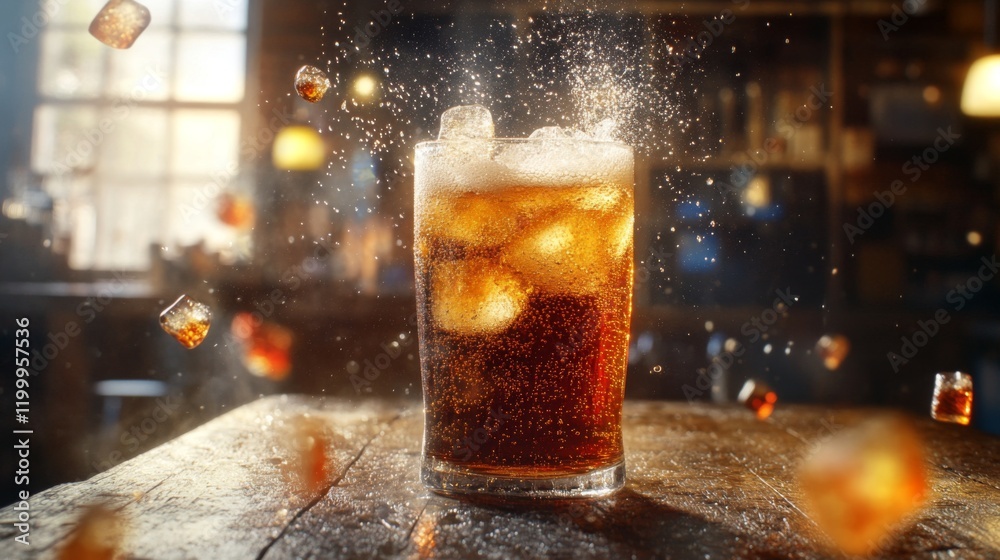 Poster A refreshing shot of a cold soda with ice cubes, the liquid fizzing and sparkling, placed on a rustic wooden table with soft, diffused lighting