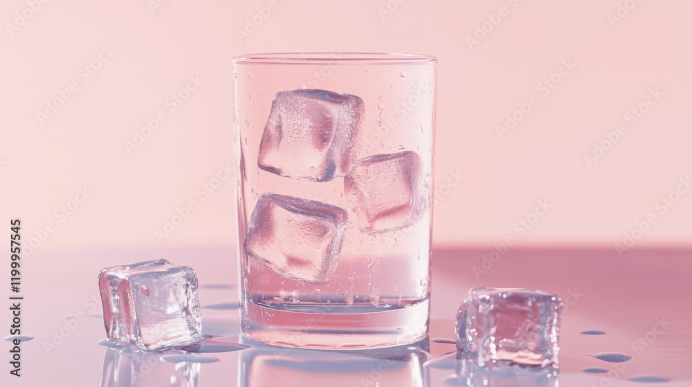 Poster a refreshing image of a cold glass of soda with large ice cubes, condensation dripping down the side