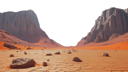 Vibrant Red Desert Valley with Dramatic Cliffs and Cracked Ground on Transparent Background