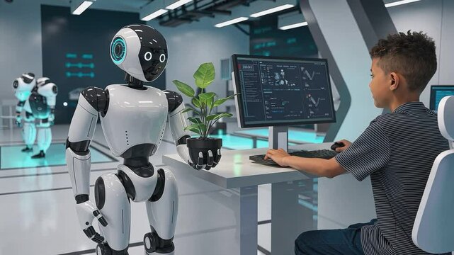 Future Forward: A young boy interacts with a friendly, humanoid robot in a futuristic, high-tech laboratory setting. The scene depicts a harmonious blend of technology and human interaction.